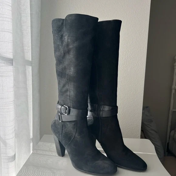 ECCO Womens 39 8 8.5 Tall Black Nubuck Leather Harness Riding Boots - Picture 1 of 5
